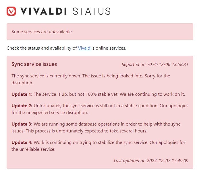 Vivaldi service status - Sync server down